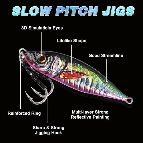Slow Pitch Jigs Saltwater Fishing Jigging Lures Glow Vertical Metal Jigs with Assist Hooks Butterfly Jigs 3D Printing Offshore Deep Sea Ocean Fishing Pitching Lures for Tuna Kingfish Bluefin - Image 2