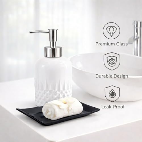 Image of Luxe Home International Diamond Cut Pattern Glass Soap Dispenser for Bathroom and Kitchen Sink Leak Proof Liquid Hand Wash Round Bottle Lightweight Smooth Finish (19.5x8 cm White) Pack of 1
