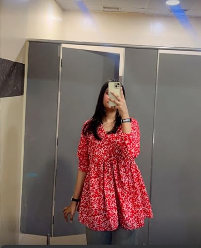 Image of LABEL ADRIJA Cotton V Neck Anarkali Short Kurti for Women Full Sleeve Floral Print | Short Kurtis for Women on Jeans