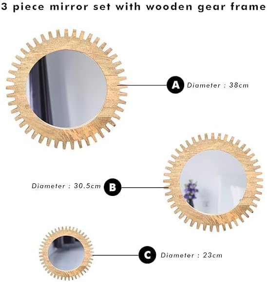 Wooden Wall Mirror for Bathroom, 30X25 inches Set of 3 Handmade Wooden Gear Shaped Wall Mirror for Home Round Shape Wall Decor