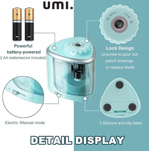 Image of Amazon Brand - Umi Electric Pencil Sharpener, Portable Battery-Powered Sharpener with Transparent Shavings Box, Fits 6-8mm Pencils, Dual Automatic & Manual Modes for School, Office, Home Use (Blue)