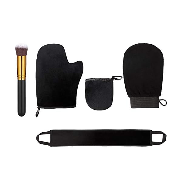 5-Pieces-Self-Tanning-Mitt-Applicator-Kit-Includes-Exfoliating-Glove-Tanning-Mitt-Mini-Face-Mitt-Back-Lotion-Applicator-with-Self-Tanner-Brush-Large-Flat-Top-Makeup-Brush-Black 5 Pieces Self Tanning Mitt Applicator Kit, Includes Exfoliating Glove, Tanning Mitt, Mini Face Mitt, Back Lotion Applicator with Self Tanner Brush Large Flat Top Makeup Brush (Black)