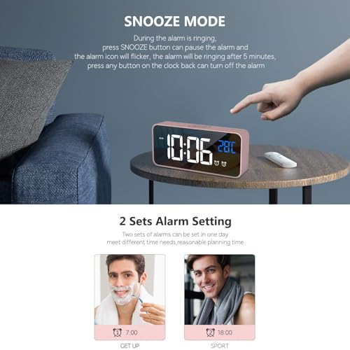 Image of Digital Alarm Clock, Alarm Clocks with LED Display, Portable Mirror Alarm Clock with Dual Alarm, Smart Alarm Clock, Snooze 4 Levels of Brightness Adjustable Bedside Table 10 Music