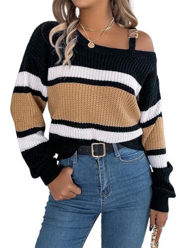 AMOMA Women's Color Block Lantern Sleeve Metal Buckle Off Shoulder Knitted Striped Pullover Sweater2