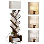 6 Tier Tree Bookshelf with Light, Narrow Bookcase Tower, Tall Floor Standing Book Organizer with Storage Cabinet for Living Room, Bedroom and Home Office, Rustic Brown