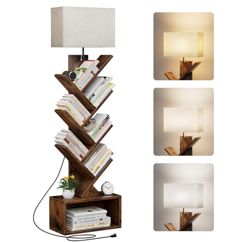 6 Tier Tree Bookshelf with Light, Narrow Bookcase Tower, Tall Floor Standing Book Organizer with Storage Cabinet for Living Room, Bedroom and Home Office, Rustic Brown