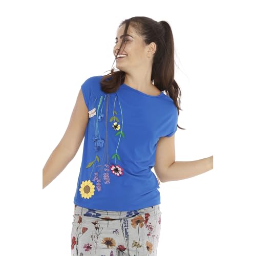 Mamatayoe Top Mirabillis para Mujer, Escote Redondo, Azul, Talla M