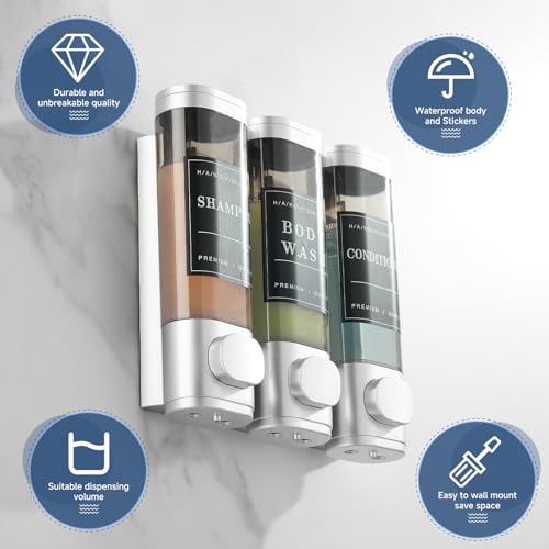 Image of Shower Soap Dispenser Wall Mounted No Drill Shampoo Dispenser for Shower Wall Shampoo and Conditioner Dispenser Bathroom Hotel 3 * 300ml with Waterproof Labels Sliver