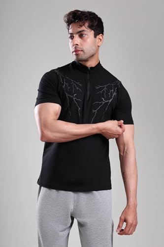 Image of GROW Stylish Gym T Shirts for Men Workout | Cotton and Spandex Quarter Zip Back Printed Collar T Shirts for Men Half Sleeves