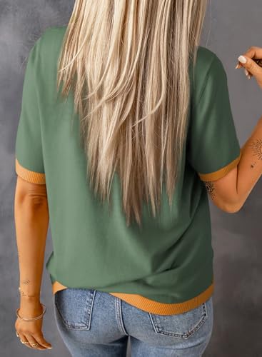 Image of Dokotoo Womens Tops 2026 Casual Summer Crewneck Short Sleeve Striped Color Block Knit High Low Trendy Pullover Sweaters