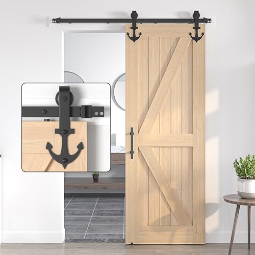SANKEYTEW 6.6FT/201CM Sliding Door Kit,Single Wood Barn Door Sliding Kit,Black Sliding Door Track,Heavy Duty Sliding Barn Door Kit-Anchor-Shaped (SD8+6.6-6)