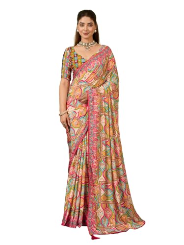Image of Multi-Color Paisley Print Saree for Women | Fancy Mirror Work Traditional Saree with Blouse Piece