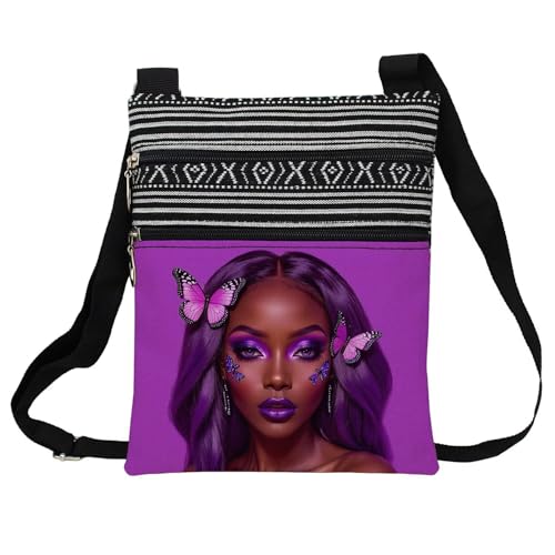 African American Messenger Bag Small Ethnic Pattern Printed Adjustable Strap Crossbody Zipper Pouch Purple Butterfly Phone Organizer Wallet Cute Shoulder Handbag for Black Women