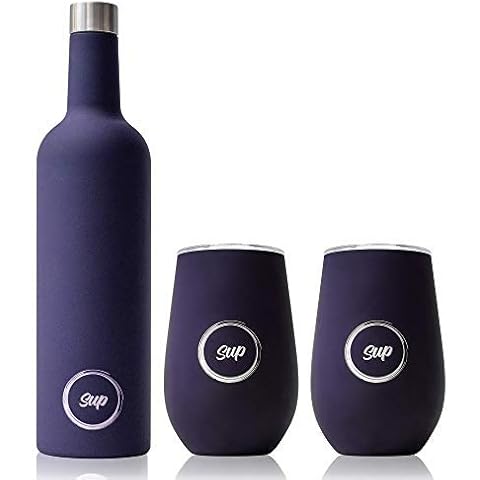 Sup Wine Gift Set Insulated Wine Bottle and Tumblers Set 750ml Stainless Steel Wine Bottle & 2 x 350ml Wine Tumblers (Soft Navy) Cover