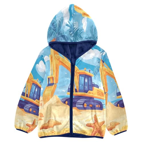 Yellow Excavator Car Beach Toddler Fleece Jacket Girl Boys Hooded Fleece Jacket Coat Warm Outwear Zip-up 3-10T