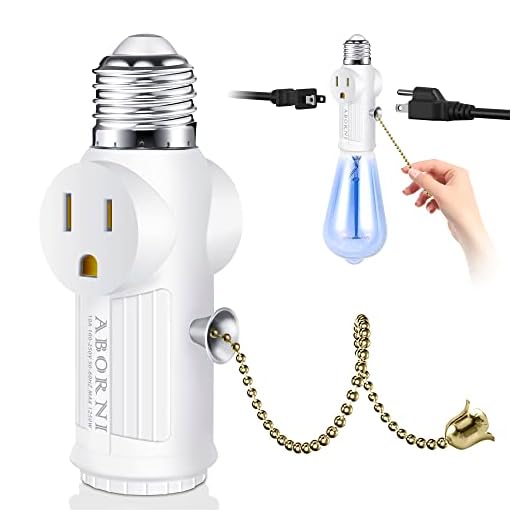 ABORNI 3 Prong Light Socket to Plug Adapter with Pull Chain, E26/E27 Outlet Light Socket Converter, FCC Listed Light Socket Adapter, Extended Design Light Bulb Socket Adapter for Garage Porch (White)