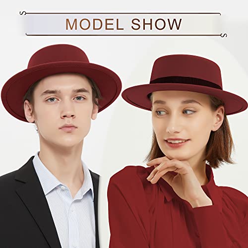Image of Classic Fedora Hat Flat Top Hat Felt Pork Pie Hat Wide Brim Church Derby Cap for Women and Men
