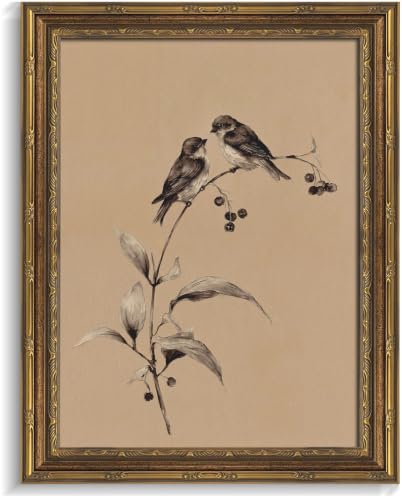 Image of Gold Framed 3D Textured Wall Art, Vintage Sketch Birds on Branch Canvas Prints, Minimalist Love Bird Pictures Decor, Neutral Botanical Birds Gallery Artwork for Living Room Bedroom Bathroom 9x11inch