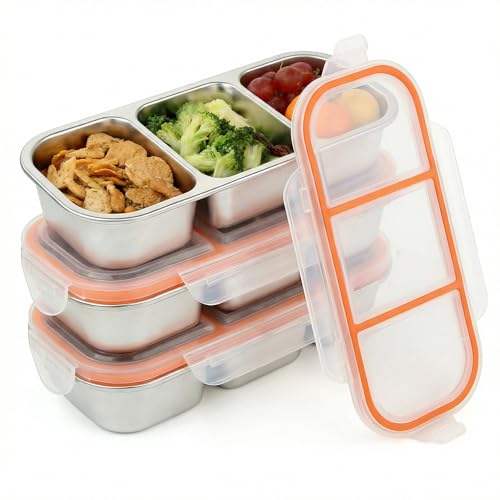 3 Pack Stainless Steel Snack Containers Set- Compartment Sealed Leakproof | Stackable Bento Snackle Boxes with Secure Lids, Reusable Food Storage for Adults, Body Management, Work & Home