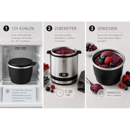 WMF Küchenminis 3in1 Eismaschine, für Frozen Joghurt, Sorbet und Eiscreme, Gefrierbehälter 300 ml, Eisportionierer, 30-Minuten-Time, spülmaschinengeeignete Teile, Ice Cream Maker