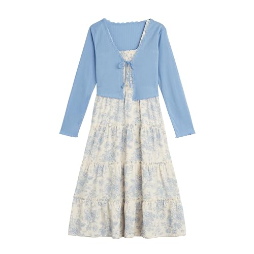 Beautees Girls' Sleeveless Smocked Tiered Maxi Dress and Cardigan