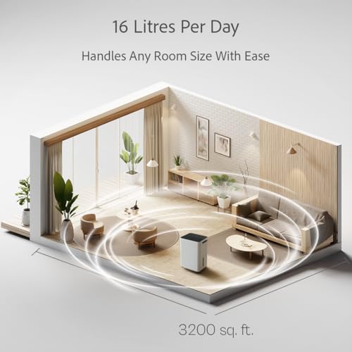 Image of HINISO 16L Smart WiFi Compressor Dehumidifier for Home, Bedroom & Basement up to 3200 Sq.ft with Built-in Ionizer Air Purifier, 3.2L Tank, Clothes Drying Mode, Auto Defrost & Quiet Operation