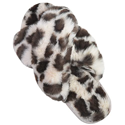 DL Womens Cross Band Leopard Soft Plush Furry Fleece Slippers Slip on Open Toe House Slippers Indoor Outdoor Anti-Skid Rubber Sole, Beige Leopard, 9-10