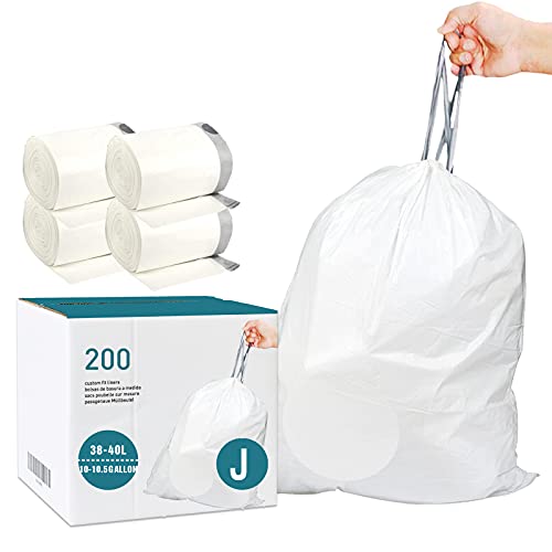 Code J (200 Count) 10-10.5 Gallon | 38-40 Liter Heavy Duty Drawstring Plastic Trash Bags Compatible with simplehuman Code J | White Drawstring Garbage Liners 10-10.5 Gallon