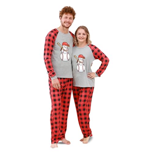 Family Christmas Pajamas, Snowman Baseball Player Xmas Gift Long Sleeve Pajamas, Couples PJs Sets with Plaid Pants