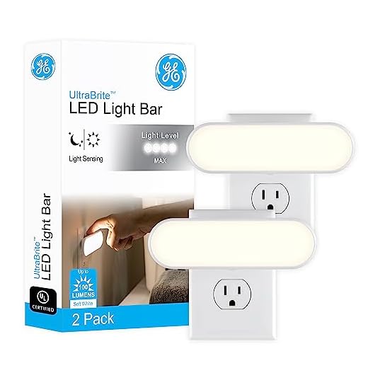 GE Ultrabrite LED Light Bar, 100 Lumens, 2 Pack, Plug-in, Dusk-to-Dawn Sensor, Auto/On/Off Switch, Home Décor, Ideal for Bedroom, Bathroom, Garage, Kitchen, Hallway, White, 46707