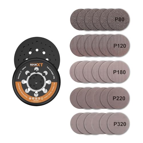 Plato de soporte MAXXT 125 mm para lijadora DA con velcro, compatible con lijadora excéntrica sin escobillas MAXXT R7303, 30 hojas de lijado (5 granas P80/P120/P180/P220/P320)