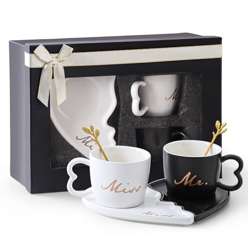 DELARLOCHEF Mr and Mrs Mugs, Couple Mugs with Golden Spoon, Heart Shape, Ceramic Mug with Saucer in Gift Box,Practical Gifts for Couples,Suitable Coffee Mugs for Engagement, Wedding, or Anniversary