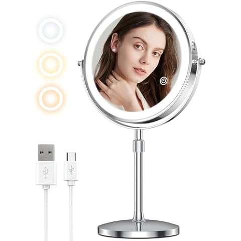 MILPROX 8 Inch Makeup Mirror with 10X Magnification & 3 Color Lights, Adjustable Brightness & Height, Rechargeable Double Sided 1X 10X Magnifying Mirror, Lighted Makeup Mirror Touch Sensor - Silver Cover