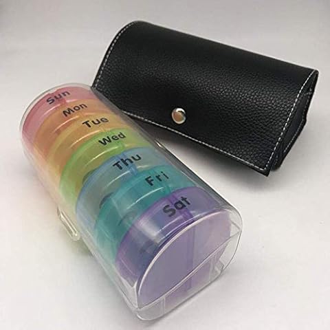 Pill Box Organisers Leather Bag Flip Cover 14 Compartments Large Capacity Medicine Organiser Rainbow Color+Black Cover