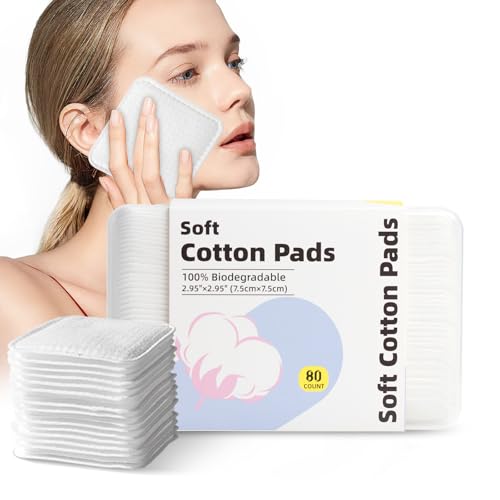 Large Square Cotton Pads, 80 Count, Lint-Free, Soft, Rounded Corn...