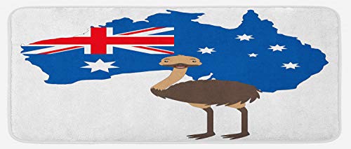 Lunarable Emu Kitchen Mat, Australian Map with National Flag and Cartoon Bird, Plush Decorative Kitchen Mat with Non Slip Backing, 47" X 19", Cobalt Blue Multicolor