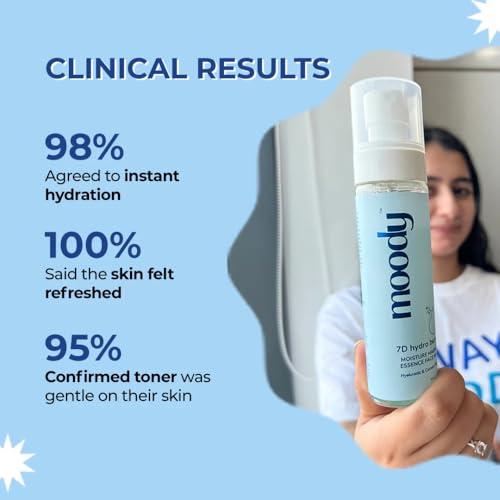 Image of Moody 7D Hydro Burst Hydrating Face Mist & Essence Toner with Hyaluronic Acid Vitamin B5 & Rice Water for Hydrated & Plumped Skin | Face Mist for Soothing And Pore Tightening | Alcohol-Free Toner for Glowing Skin |100% Vegan | 72 Hour Hydration,110ml