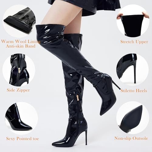 Image of GENSHUO Women's Over the Knee Boots Stiletto Pointed Toe Thigh High Heel | Stretchy Thigh High Long Boots with Side Zipper, Sexy Slim Fit Tall Heeled Boot for Club Party Evening Dress Wear