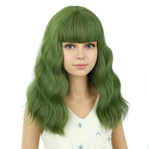 Image of PATTNIUM Olive Green Wig for Kids Girls Short Green Curly Wigs with Bangs Shoulder Length Wavy Heat Resistant Synthetic Wig