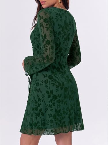 Image of Caracilia Womens Sexy Mesh Ruched Mini Dresses Long Sleeve Square Neck Tie Fall Club Party Cocktail Short Dress 2026 Fashion