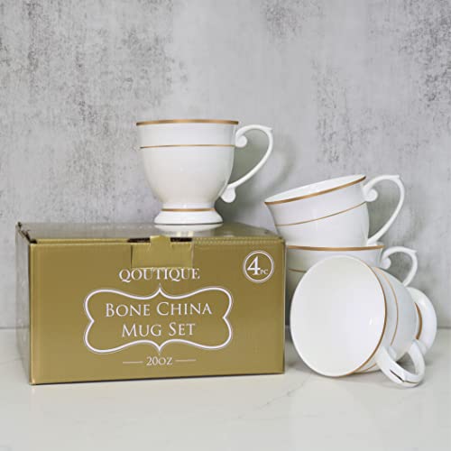 Qoutique Bone China Decorated Coffee Mugs - 20 Ounce - Set Of 4, Cups For Latte, Hot Tea, Cappuccino, Mocha, Cocoa, Mug Set, Large Coffee Mug, Gold Rim #TOP2