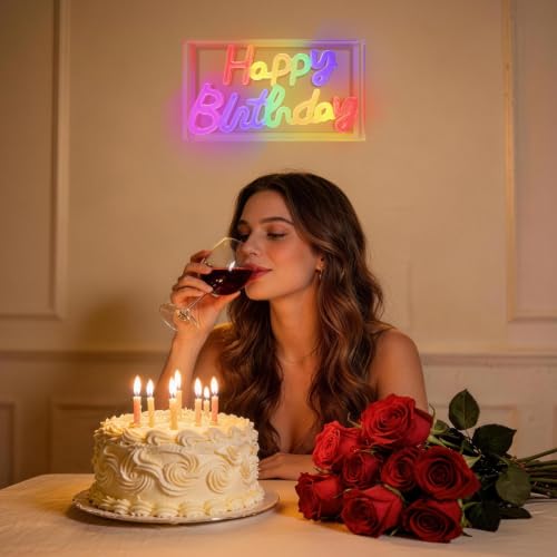 Image of Colorful Happy Birthday Neon Sign, LED Wall Decor, Type-C /USB Power | Led Happy Birthday Light Up Sign For Birthday Party, Backdrop, Wall, Tabletop Decorations, 2 Hooks Included
