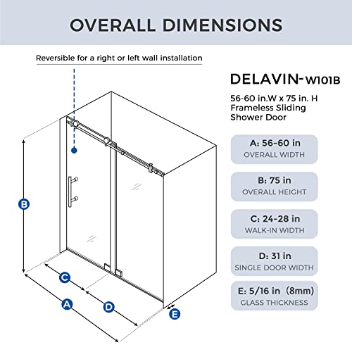Delavin W-A-61011 56-60 Inch W X 75 Inch H Frameless Sliding Shower Door thumb #6