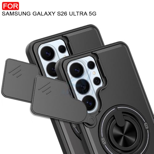Image of AESTMO Samsung Galaxy S26 Ultra 5G Back Cover | Armor Camera Slider 360 Degree Rotating Finger Ring Holder Case with Bracket Stand Back Case Cover (Compatible with MagSafe Accessories) (Black)
