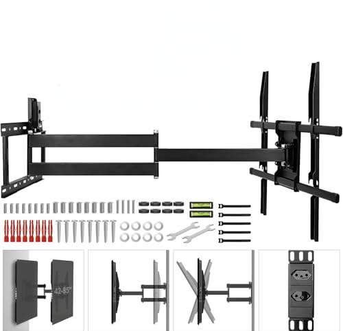 Suporte TV Articulado de Parede com Soquete e Braço Longo 85 cm,Suporte para TVs Planas e Curvas de 42-80 Polegadas, Movimentação, VESA 200x100 a 600x400mm, Até 45 Kg, Preto