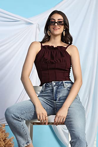 Image of Leriya Fashion Women's & Girls' Solid Square Neck Ribbed /Knitted Sleeveless Stretchable Slim Fit Crop Tank Top