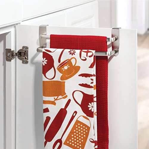 mDesign Tea Towel Holder  Over Door Towel Rail with No Drilling Required  Kitchen Towel Holder  Ideal for Kitchens & Bathrooms - Brushed Nickel