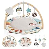 Blissful Diary Baby Play Gym & Activity Mat, 5 Developmental Zones Wooden Tummy Time Mat with 5 Detachable Sensory Toys for Motor Skills & Sensory Development, Baby Essentials Shower Gift