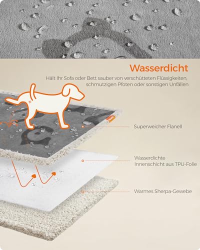 Feandrea wasserdichte Hundedecke, Sherpa Fleece Haustier Decke für extra große Hunde und Menschen, Katzen, 229 x 203 cm, XXXL, maschinenwaschbar, beidseitiger Sofabezug-Schutz, grau PPB090G01