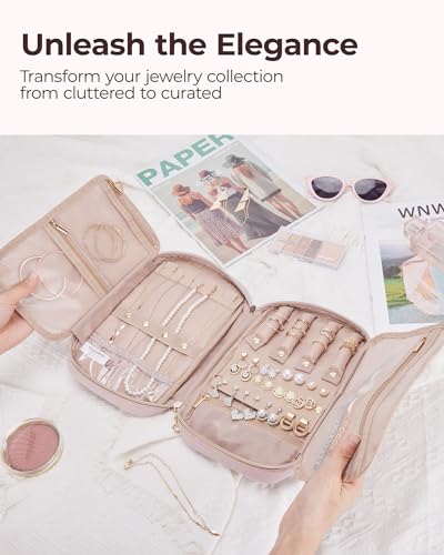 BAGSMART Jewelry Organizer Case Travel Jewelry Storage Bag for Necklace, Earrings, Rings, Bracelet, Soft Pink3